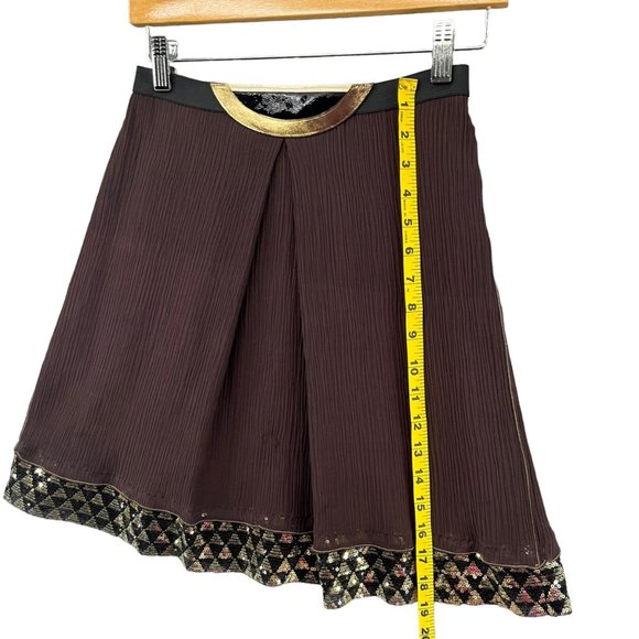 Rozae Nichols Silk Mini Skirt Brown Pleated Gold Accent Pull On Size 2 - Picture 7 of 13